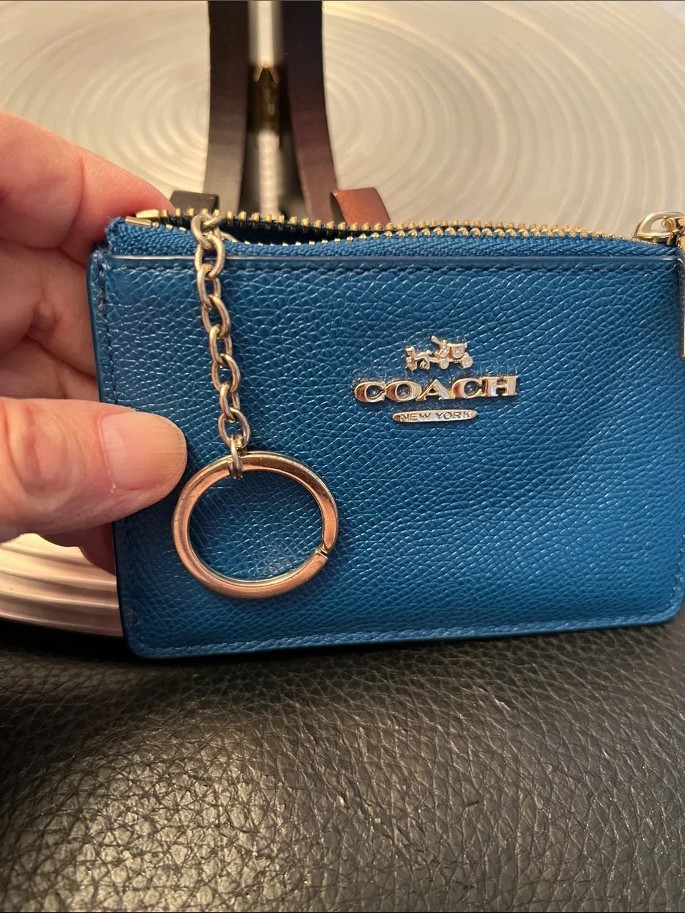 Coach Pebbled Leather Zip Card & Key Pouch in Teal